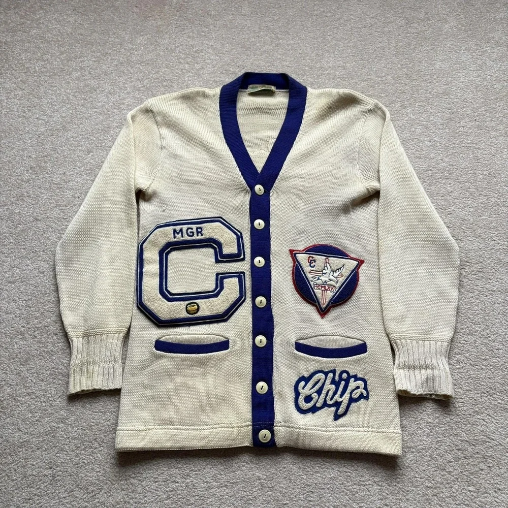 Vintage Falcons Letterman Sweater Mens Medium Cardigan Blue Chenille Patches 60s